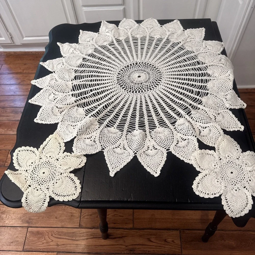 Cream Doily Crocheted 34 Inches Round Table Topper Vintage And 2 Small 11